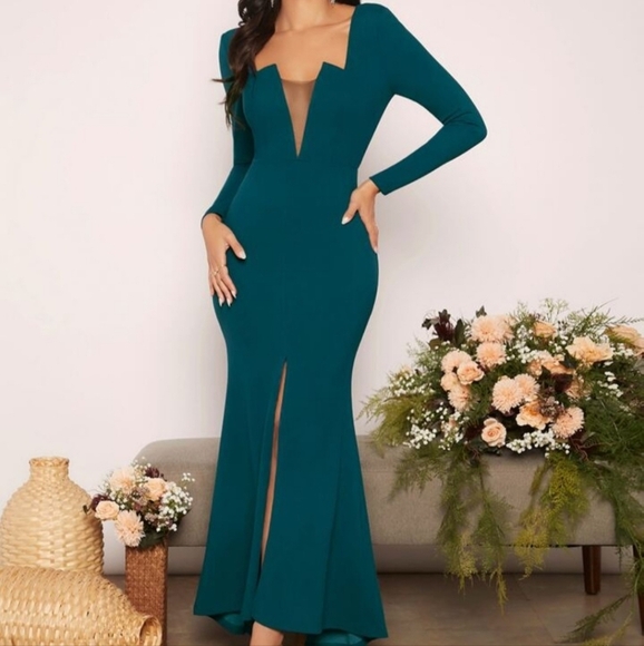 Elegant Teal Long Sleeve Dress - Picture 1 of 14